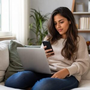 Mulher consultando processos judiciais pelo nome no celular e notebook antes de se envolver em um relacionamento