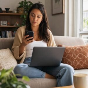 Mulher usando notebook e celular no sofá para consultar processos judiciais antes de um relacionamento